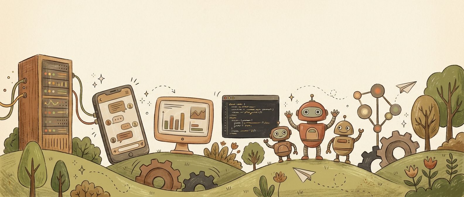 Hand-illustrated landscape of the systems AI Makers builds: servers, chat, dashboards, code and friendly robots on rolling hills